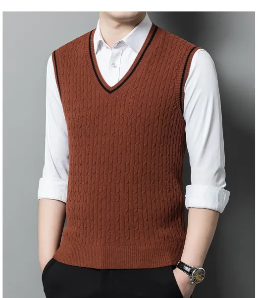 Design Cable Knit V-Neck Vest Green Vest Top - 14
