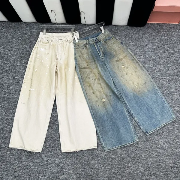 Design Wide-Leg Paint-Splatter Off-White Jeans - 3