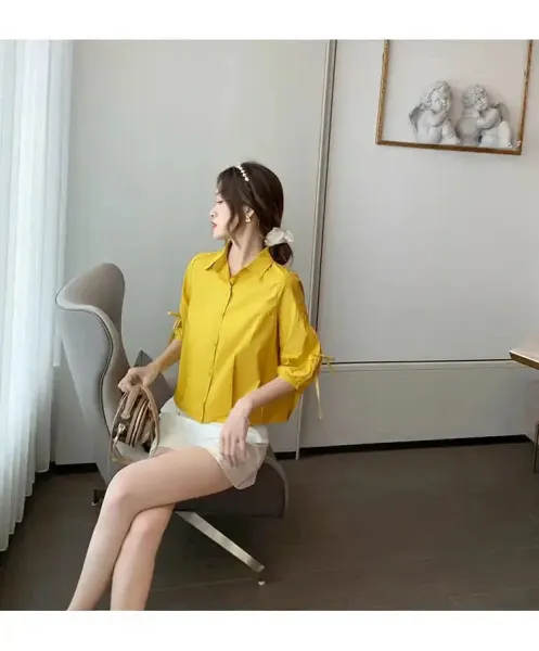 Design Bow-Sleeve Button-Up Shirt White Tops Shirt - 20