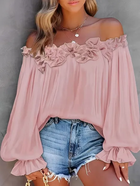 Design Ruffled Off-Shoulder Blouse in Sky Blue Tops - 13