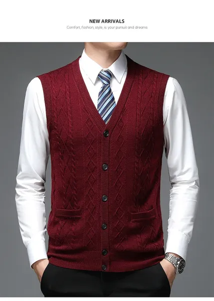 Design Cable Knit V-Neck Cardigan Vest Burgundy Outerwear - 16