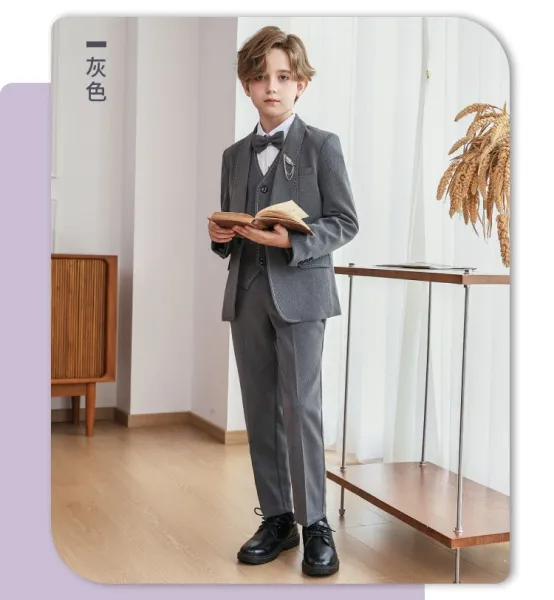 Design Formal Six-Piece Suit Set Black Burgundy Kids - 17