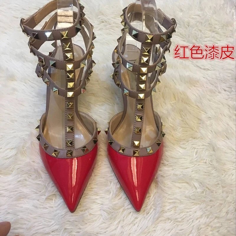 Valentino Rockstud Strappy Pointed-Toe Stilettos Red Patent Leather