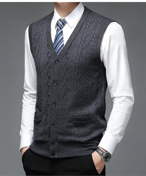 Design Cable Knit V-Neck Cardigan Vest Burgundy Outerwear - 19