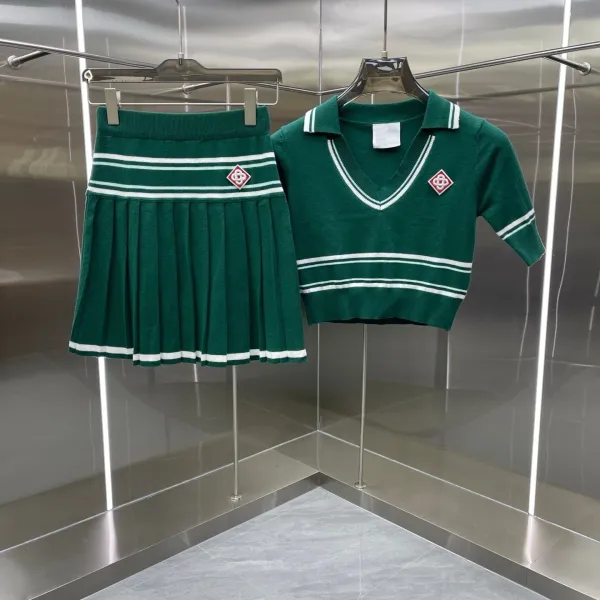 Design Knit Tennis Set Green with White Stripes and Embroidered Logo Skirt and Polo Top - 1
