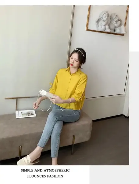 Design Bow-Sleeve Button-Up Shirt White Tops Shirt - 27
