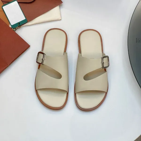 Design Minimalist Buckle Slide Sandals Beige Slippers - 1