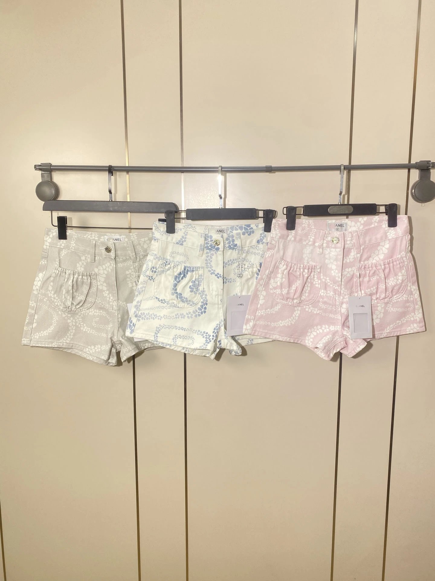 Chanel Printed Denim Shorts in Beige, Blue, and Pink - 4