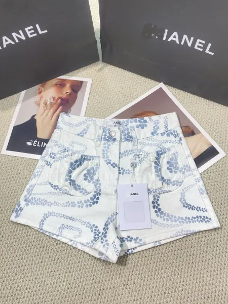 Chanel Printed Denim Shorts in Beige, Blue, and Pink - 6