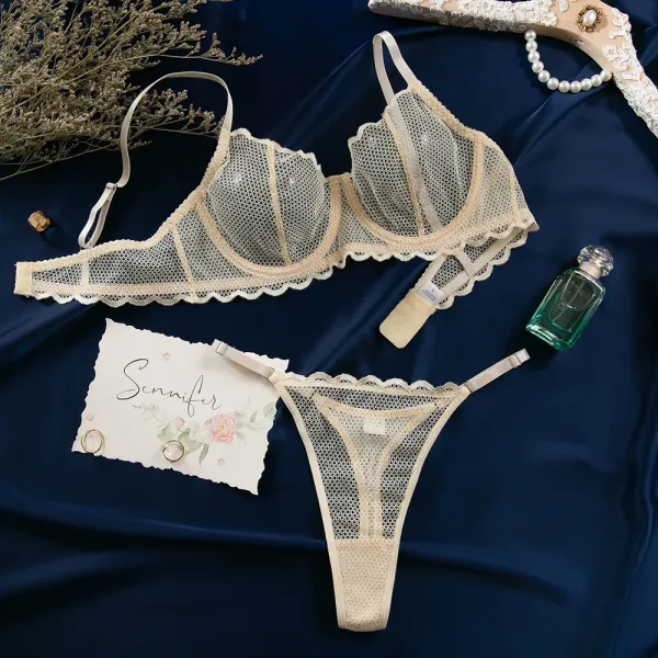 Design Lace Mesh Bra and Thong Set Beige Underwear - 1