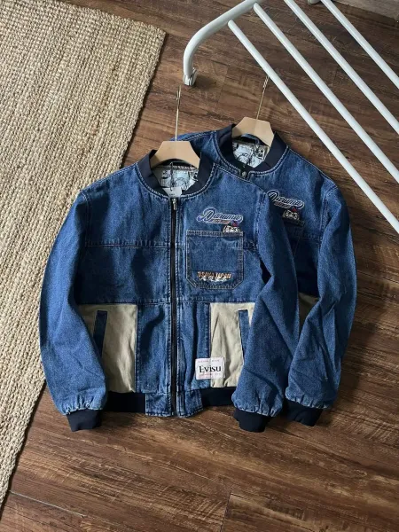 Evisu Denim Bomber Jacket with Osaka Japan Patch and Corduroy Panels Blue - 3