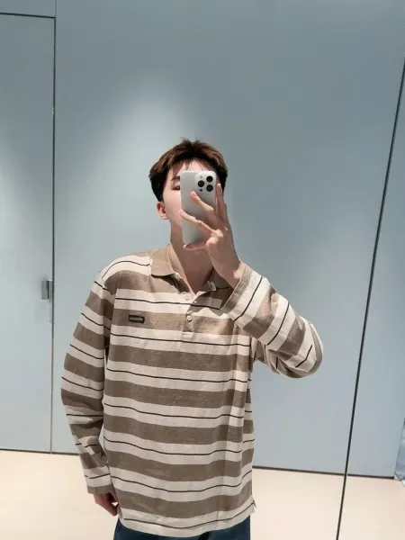 Design Striped Long-Sleeve Polo Shirt Beige and Brown Tops Polo - 10