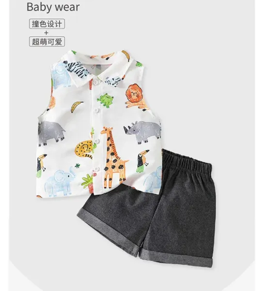 Design Animal Print Sleeveless Shirt and Gray Shorts Set Kids - 3