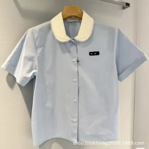 Design Peter Pan Collar Shirt in Light Blue with Lace Trim - 3