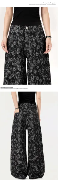 Design Floral Print Wide-Leg Jeans Black - 10