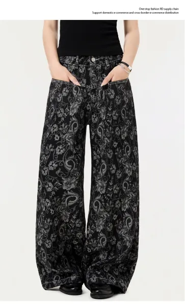 Design Floral Print Wide-Leg Jeans Black - 12