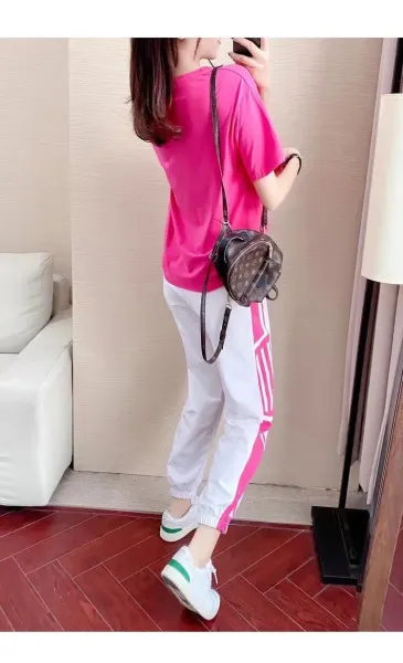 Design Track Pants White with Pink Side Stripe Sweatpants - 16