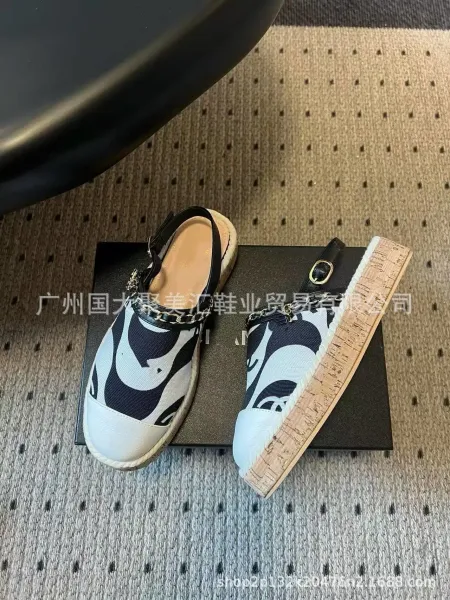 Chanel Mary Jane Espadrilles Navy and White Print Canvas Shoes Casual Shoes - 7