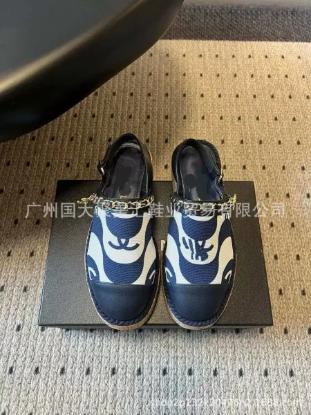 Chanel Mary Jane Espadrilles Navy and White Print Canvas Shoes Casual Shoes - 14