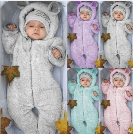 Design Purple Bear-Eared Fleece Romper with Beanie Hat Set Sleepwear - 3