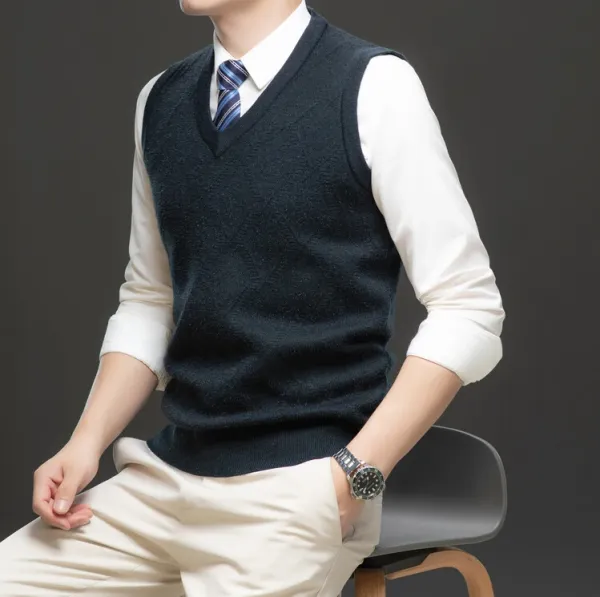 Design V-Neck Knit Vest Navy Blue Vest Top - 60