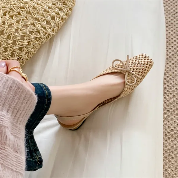 Design Woven Slingback Loafers with Bow Detail in Beige, Brown, and Black Loafers - 10