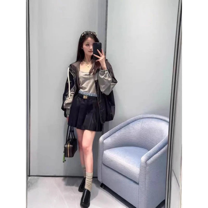Navy Blue Pleated Skirt with Plaid Waistband Casual Mini Skirt