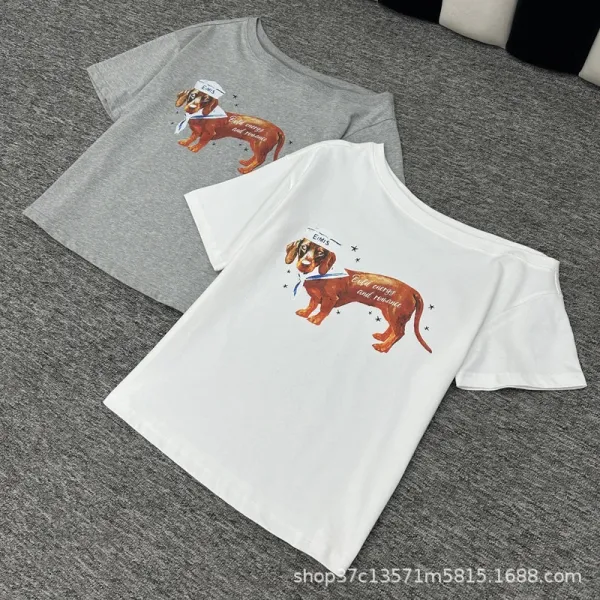 Design Dachshund Illustration Off-Shoulder White T-Shirt - 4