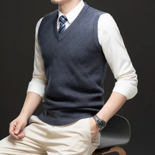 Design V-Neck Knit Vest Navy Blue Vest Top - 83