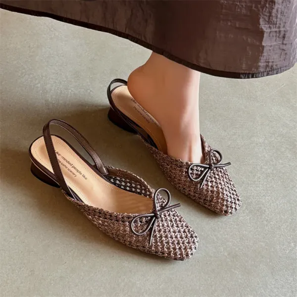 Design Woven Slingback Loafers with Bow Detail in Beige, Brown, and Black Loafers - 17