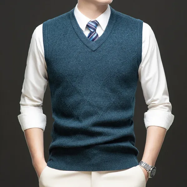 Design V-Neck Knit Vest Navy Blue Vest Top - 94