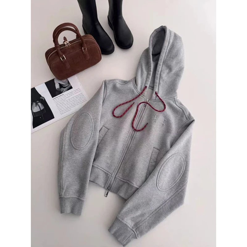 Grey Zip-Up Hooded Sweatshirt with Red Drawstrings Cropped Casual Jacket