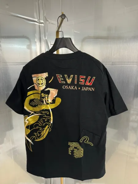 Evisu Osaka Japan Gold Wave Embroidered T-Shirt Black - 1