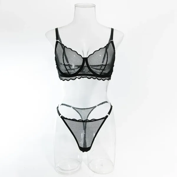 Design Maison de Reefur Black Mesh Lace Bra and Thong Set Underwear - 28