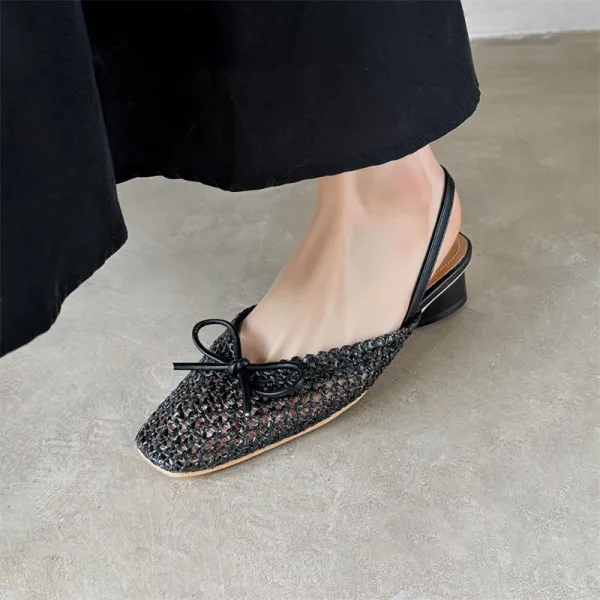 Design Woven Slingback Loafers with Bow Detail in Beige, Brown, and Black Loafers - 26