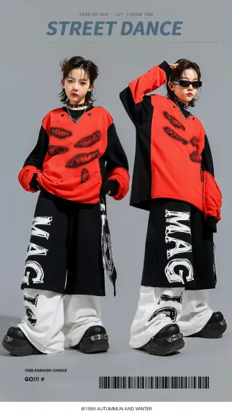 Design Distressed Mouth Print Color-Block Hoodie Red / Black - 2