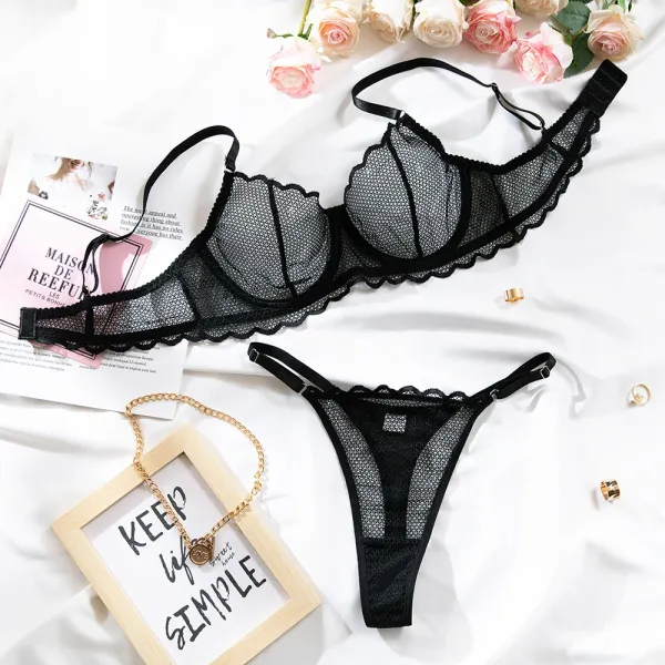 Design Maison de Reefur Black Mesh Lace Bra and Thong Set Underwear - 31