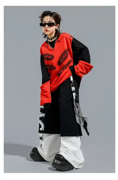 Design Distressed Mouth Print Color-Block Hoodie Red / Black - 10