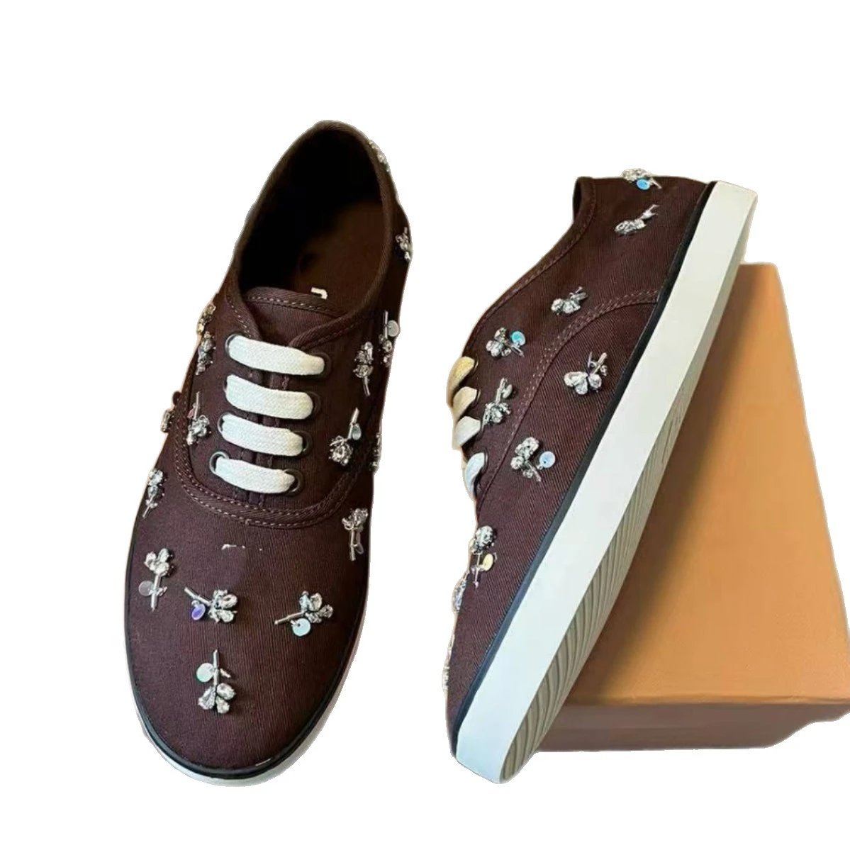 Floral Embellished Canvas Sneakers White Beige Brown Casual