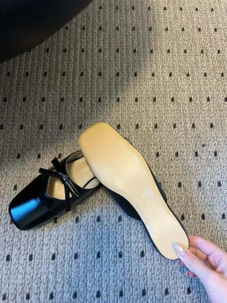 Design Black Bow-Embellished Square-Toe Mules Slippers - 24