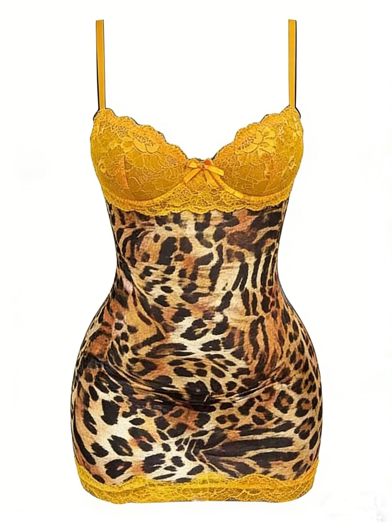 Design Leopard Print Lace Trim Bodysuit Yellow Underwear - 31