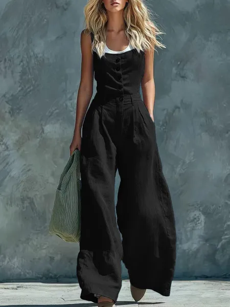 Design Wide-Leg Linen Jumpsuit Blue Clothing - 7