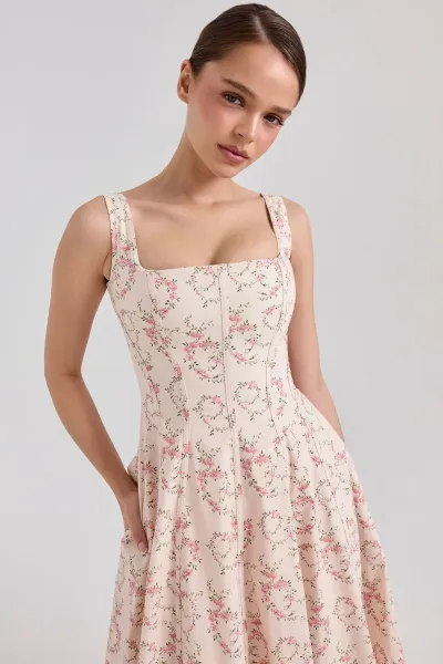 Design Floral Corset Midi Dress Beige Pink - 1