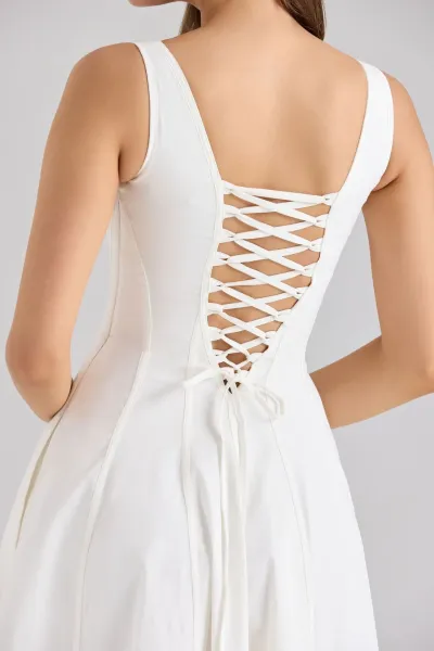 Design Lace-Up Back White Midi Dress - 1