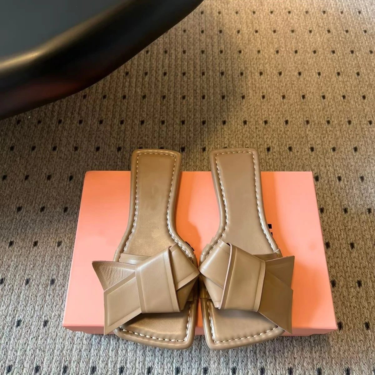Faux Leather Square Toe Bow Slide Sandals