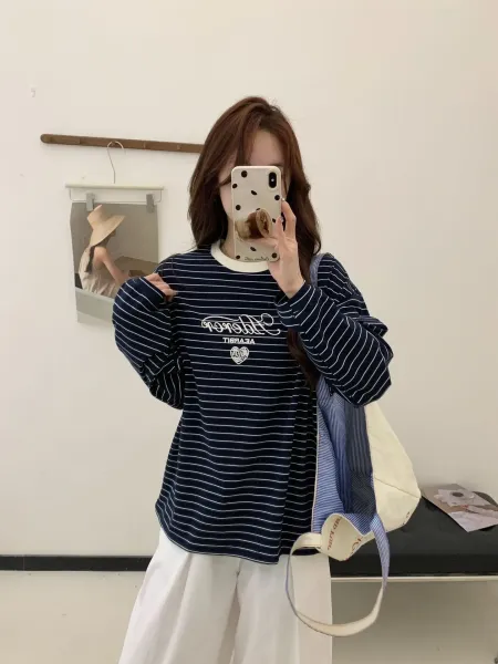 Aeae Striped Logo Long-Sleeve T-Shirt Navy - 8