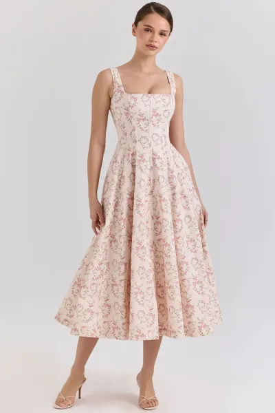 Design Floral Corset Midi Dress Beige Pink - 9