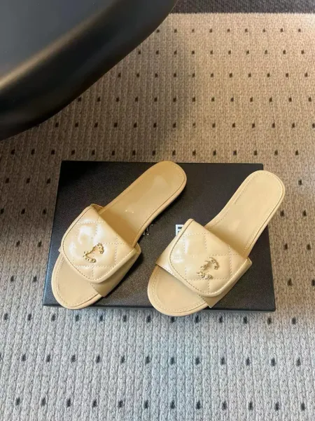 Chanel Quilted CC Logo Slide Sandals Beige Slippers - 6
