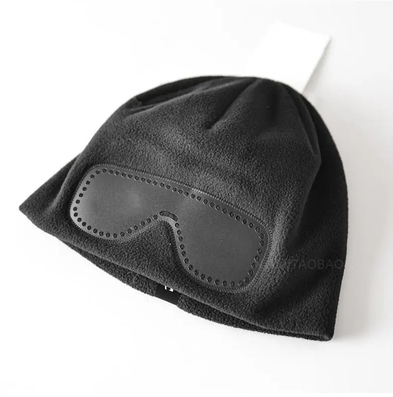 Design Fleece Beanie with Leather Eye Patch Detail Brown - 8