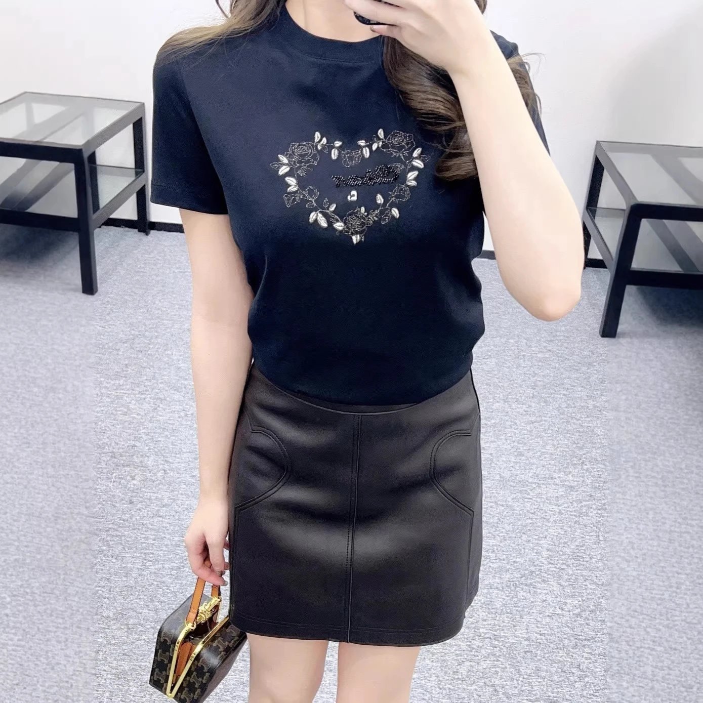 White Graphic Print T-Shirt Black Faux Leather Mini Skirt